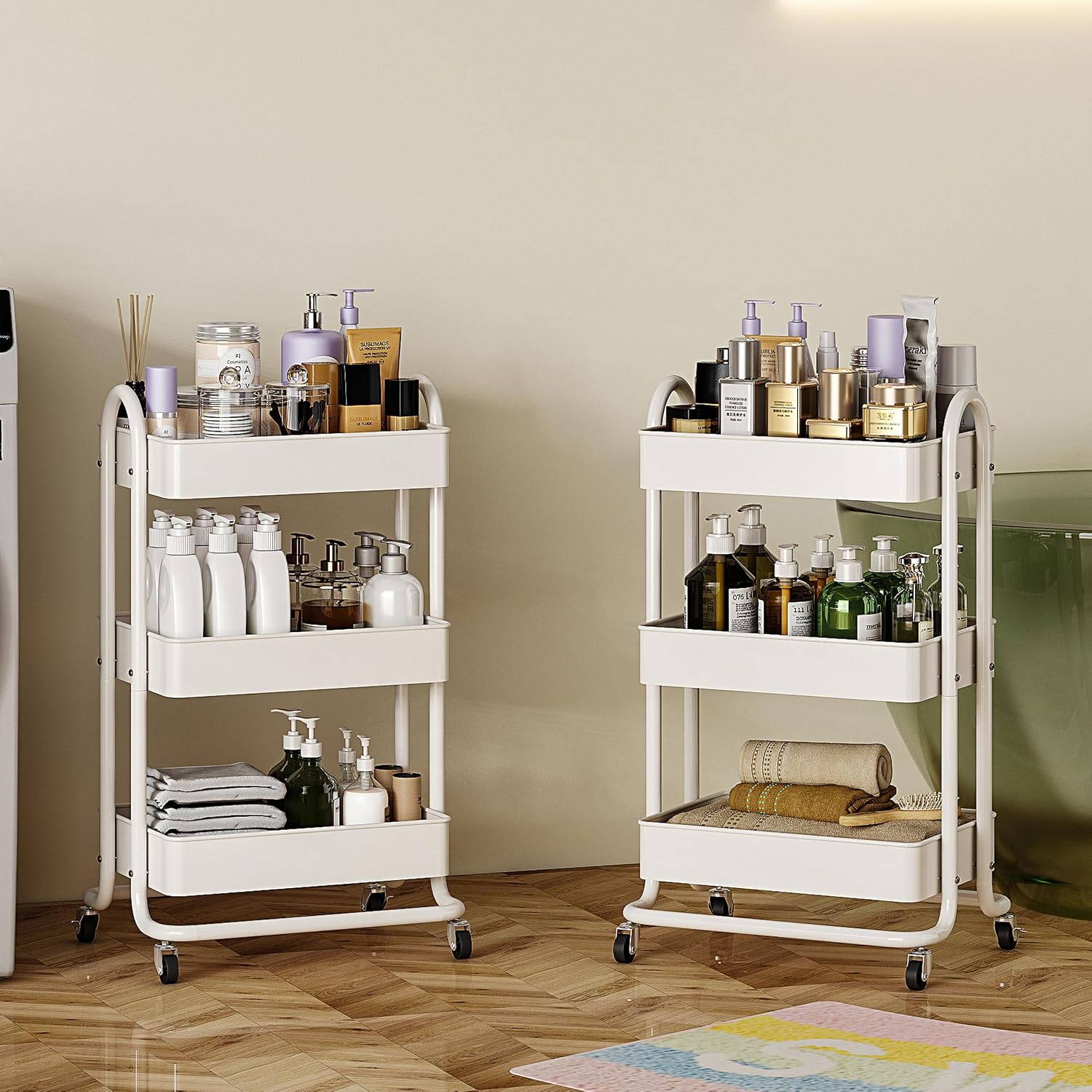 MIOCASA 3-Tier Metal Utility Rolling Cart, Heavy Duty Multifunction Cart with Lockable Casters, Easy to Assemble, Suitable for Office, Bathroom, Kitchen, Garden