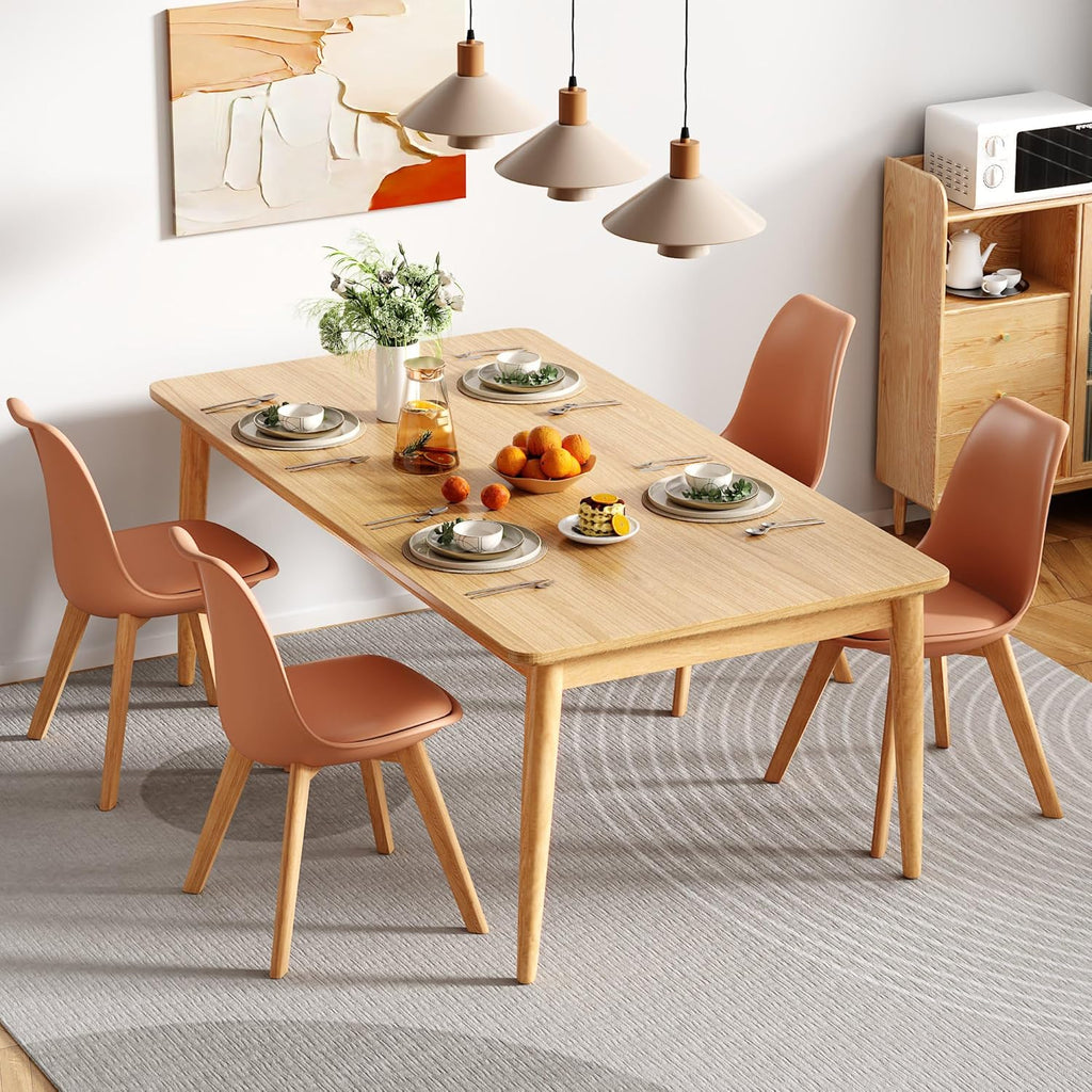VECELO Dining Chairs Set of 4, Mid-Century Modern Kitchen & Dining Room Chairs, PU Leather Upholstered Seat, Solid Wood Legs, Armless, Non-Slip Feet, Orange