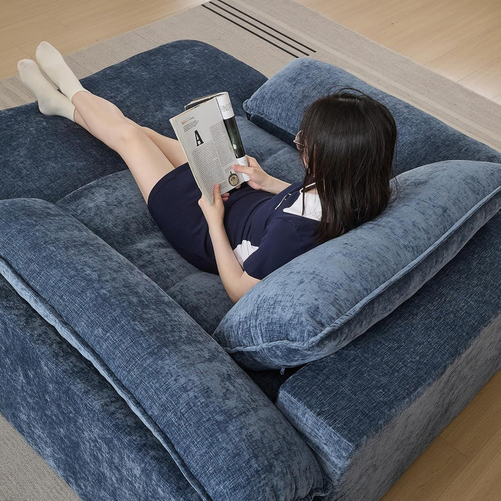 WUTUTUEE 69" Oversized Chaise Lounge Chair Indoor, No Assembly Blue Lounge Couch, Chenille Upholstered Sofa Bed with Pockets, Oversized Reading Chair with Ottoman for Living Room, Bedroom, Office