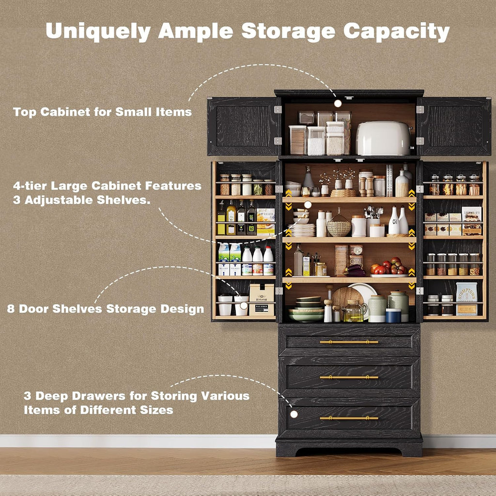 JIJIWANG Kitchen Pantry Storage Cabinet with Doors & Adjustable Shelves,Farmhouse Kitchen Pantry Cabinet with Drawer & Storage,for Kitchen, Dining & Bathroom,Black