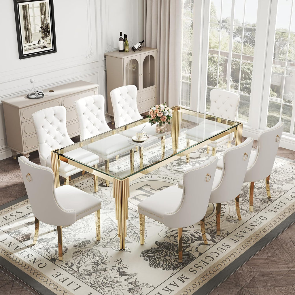 Rectangle Glass Dining Table, 81" Clear Tempered Glass Desktop with Gold Mirrored Stainless Steel Legs, Modern Elegance for 8-10 People, for Kitchen, Living Room, Office