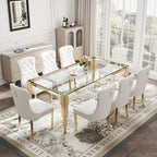 Rectangle Glass Dining Table, 81" Clear Tempered Glass Desktop with Gold Mirrored Stainless Steel Legs, Modern Elegance for 8-10 People, for Kitchen, Living Room, Office