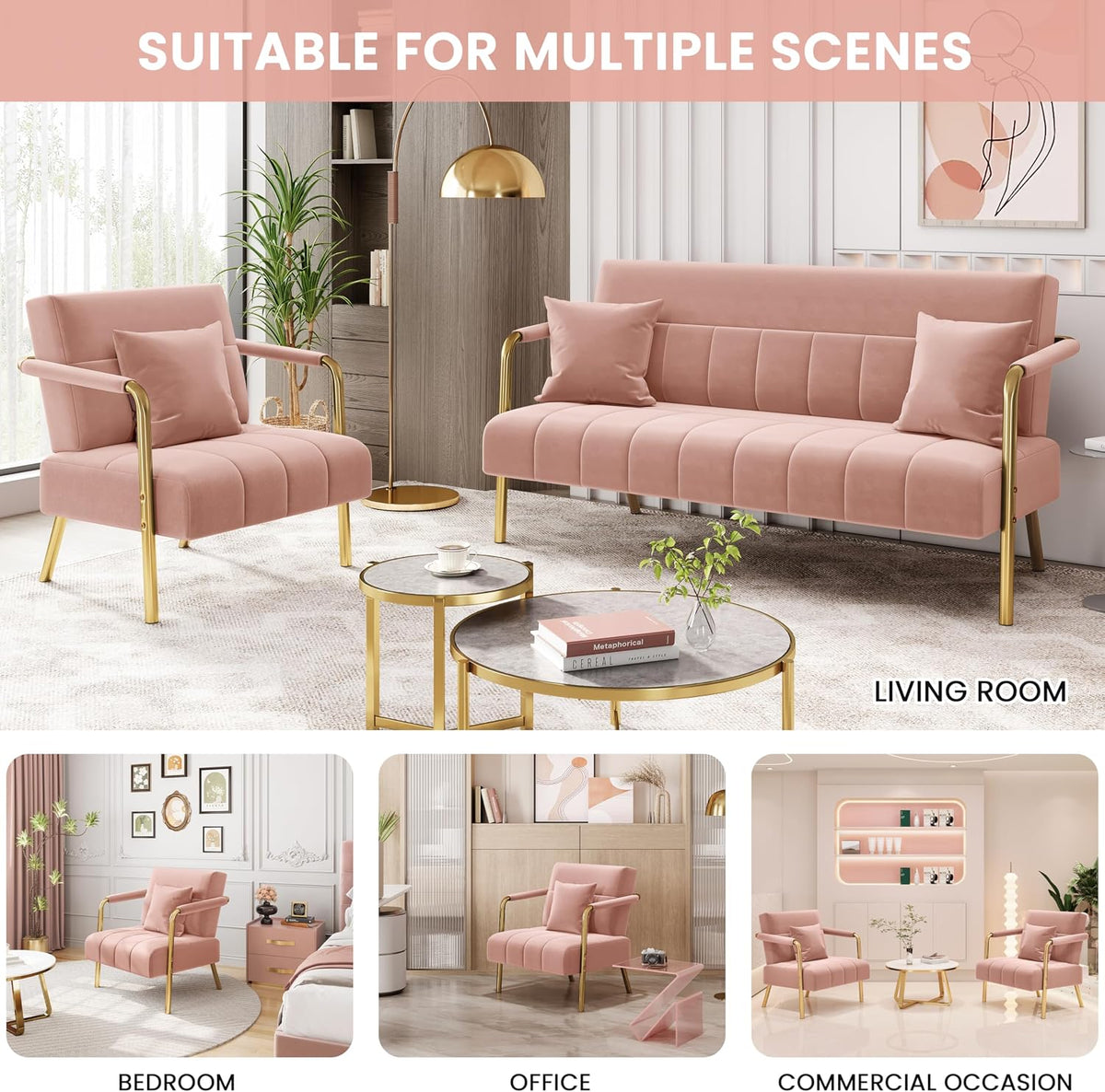Yaheetech 30" Accent Chair Velvet Armchair with Golden Frame, Pink | Velvet Accent Chair Oversized Armchair Living Room Chair with Gold-Tone Metal Frame for Living Room, Home Office, Bedroom