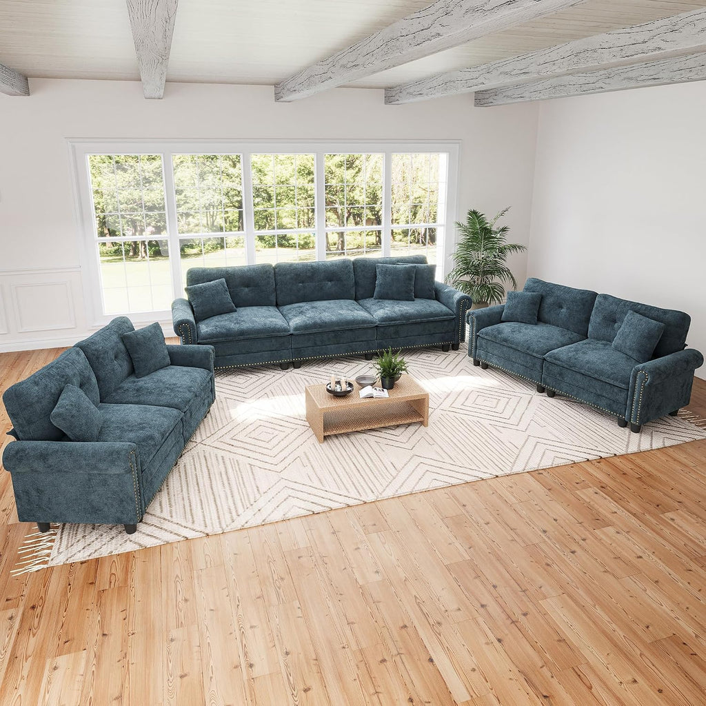 SUNSHINE VALLEY Modular Sectional Sofa and Loveseat Set Living Room 3-Piece | Mid-Century Modern 7-Seater Cloud Couch Set, Cyan, Rolled Arms & Nailhead Trim, Wider Deeper Seats, Chenille Furniture Set