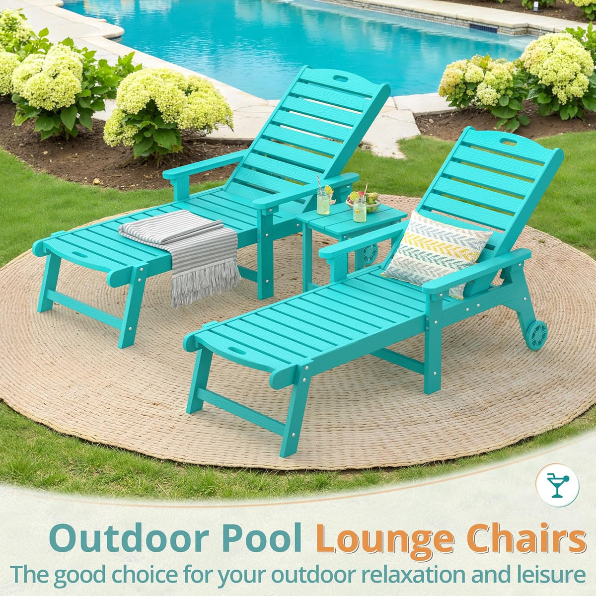 LUE BONA Lounge Chair Outdoor Set of 2, HDPS Chaise Lounge Outdoor with Wheels, 5 Positions Adjustable Pool Lounger Chairs for Outside, Patio, Aruba Blue