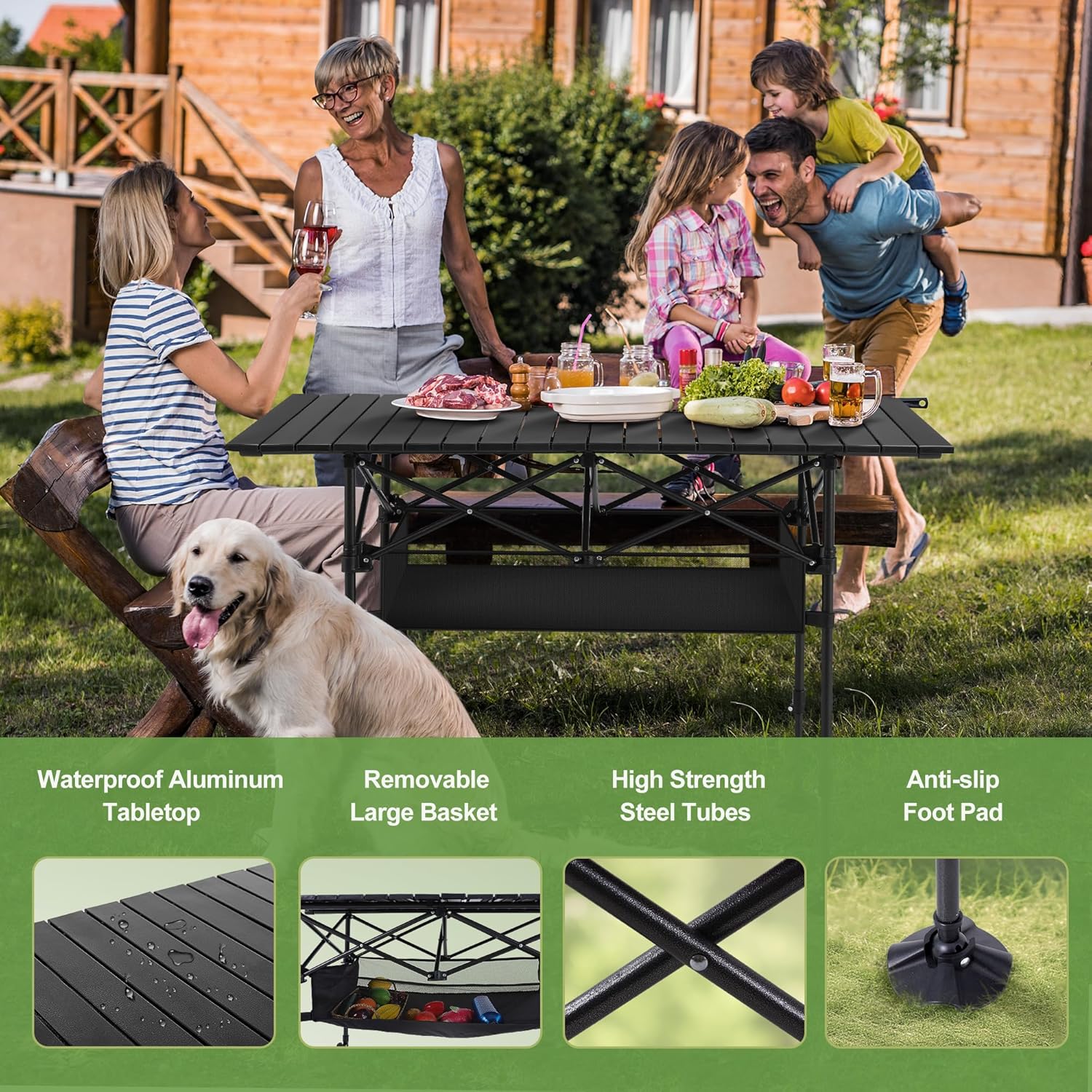 LET'S CAMP Folding Camping Table, Aluminum Roll-up Picnic Backpacking Table | Adjustable Height Camping Table Portable Picnic Dining Table Folding Card Table w/Handle Lightweight for Indoor Outdoor