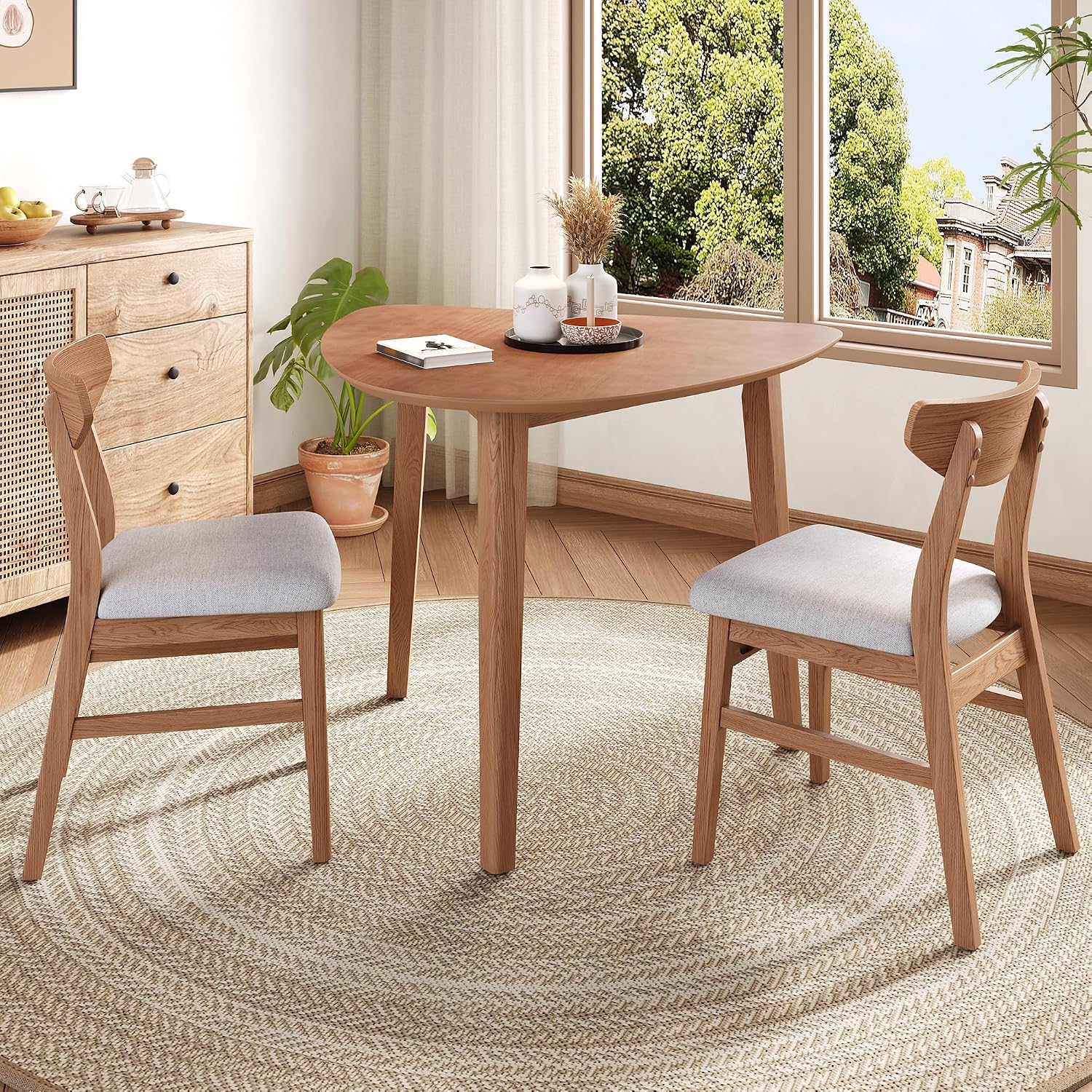 P PURLOVE Modern 3 Piece Table Set, Triangular Table and 2 Curved Wood Chairs for Living Room, Dining Room, Kitchen, Small Space, Minimalist Space-Saving (Light Brown)