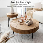 2-Piece Boho Farmhouse Nesting Table with Handcrafted Wood Ring Motif, Round Natural Finish Coffee Table Set for Living Room, French Country Decor, Round