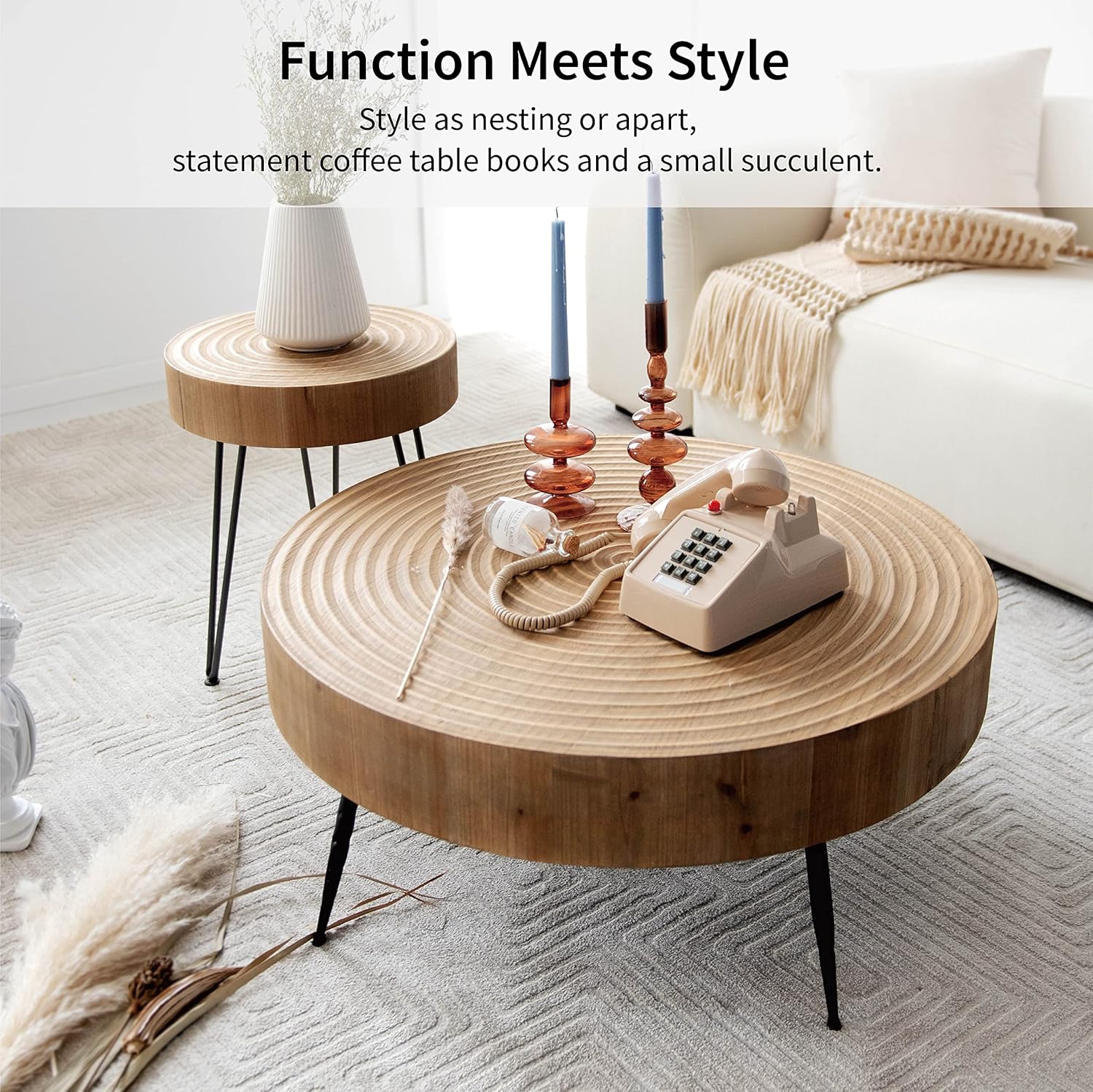 2-Piece Boho Farmhouse Nesting Table with Handcrafted Wood Ring Motif, Round Natural Finish Coffee Table Set for Living Room, French Country Decor, Round