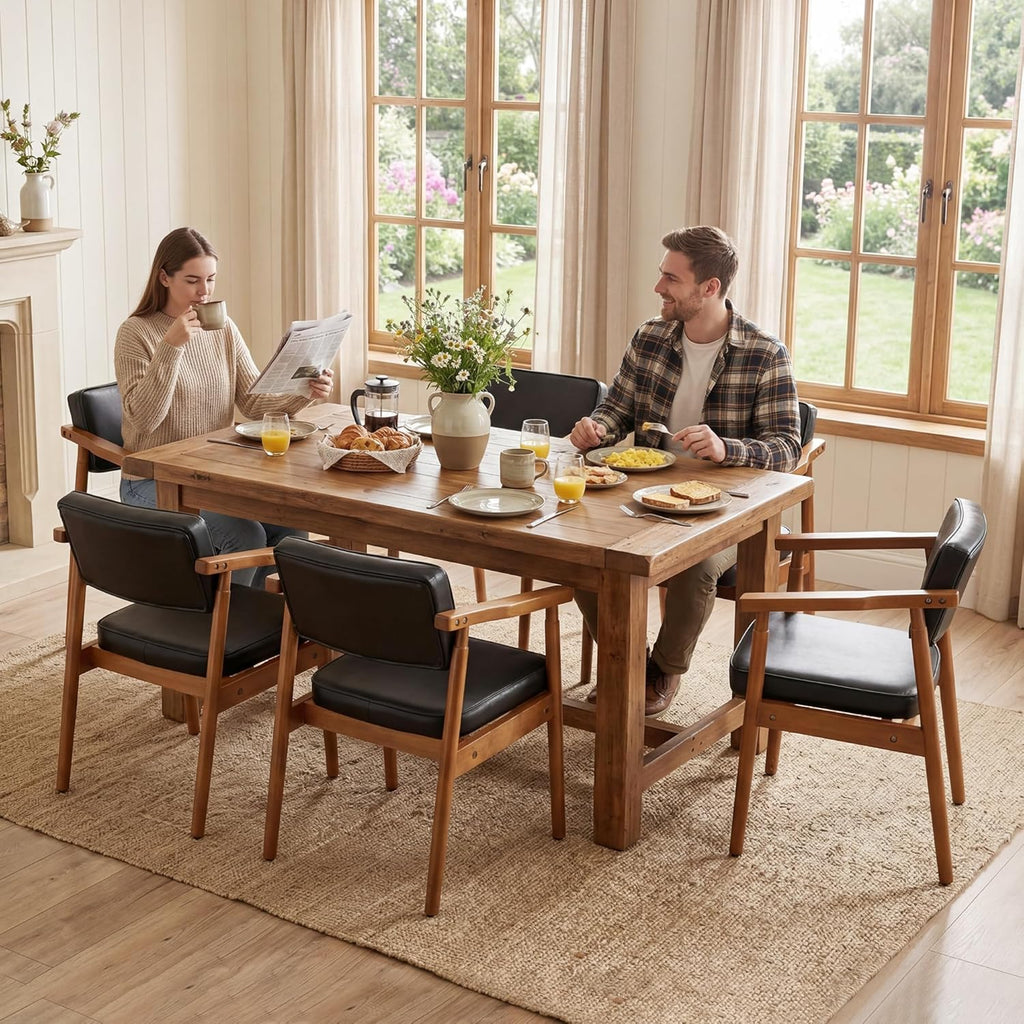 LSSPAID Mid Century Dining Chairs Set of 4, Black PU Leather with Walnut Finished Handrails Comfy Backrest, Farmhouse Dining Room Chairs for Kitchen, Living Space & Restaurant