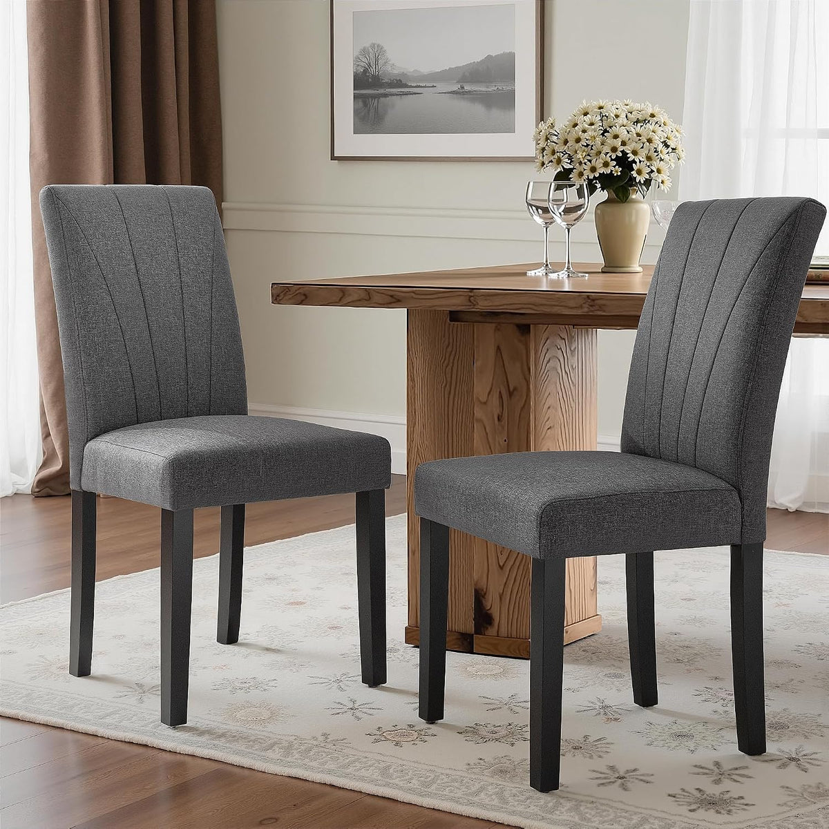 VECELO Upholstered Dining Chairs Set of 6, Modern Fabric and High Back & Solid Wood Legs, Parsons for Kitchen/Living Room- Dark Gray