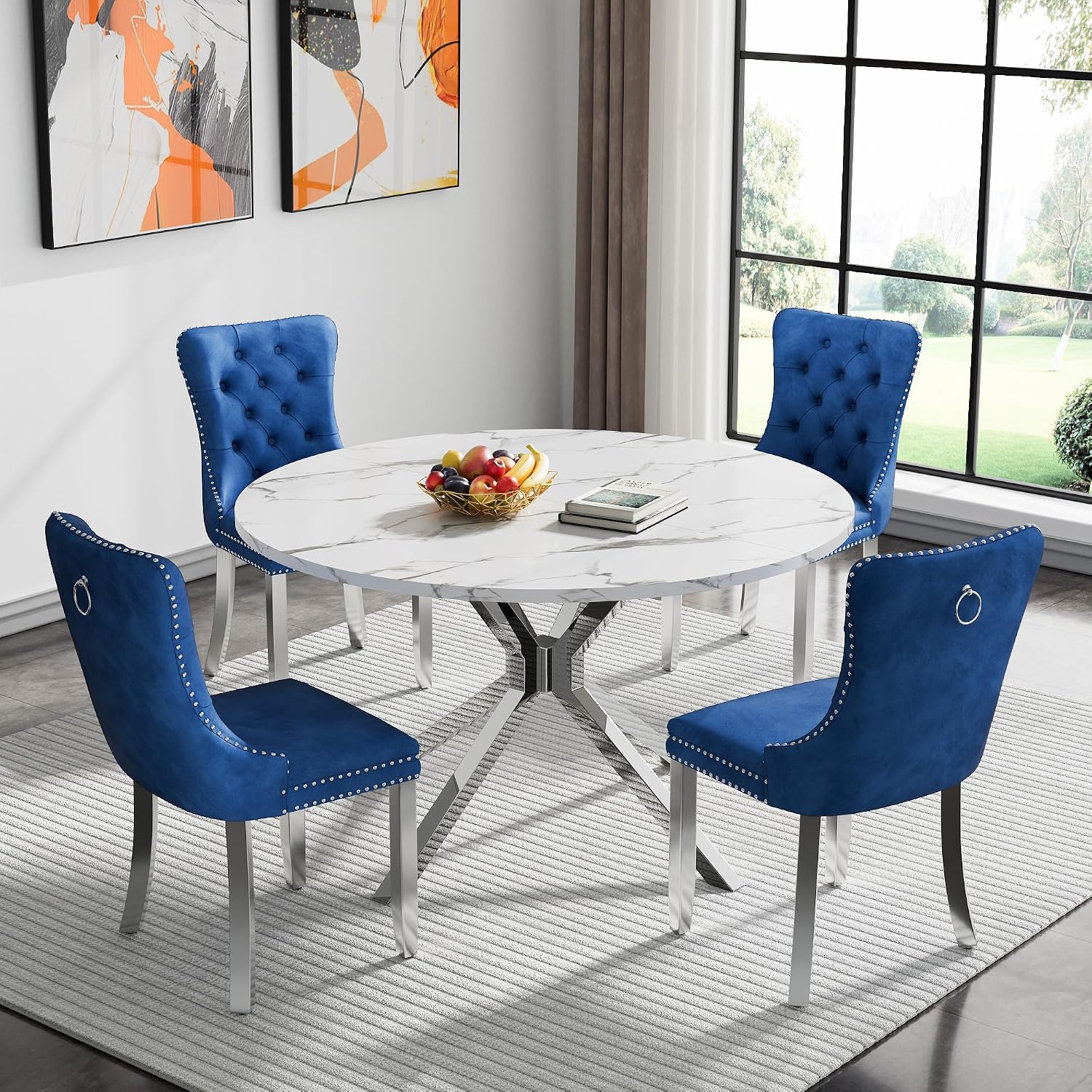 47" Round Faux Marble Dining Table for 4-6, Modern White Marble Top Kitchen Table for 6, Luxury Circle Dining Room Tables with Silver X-Shape Pedestal Base