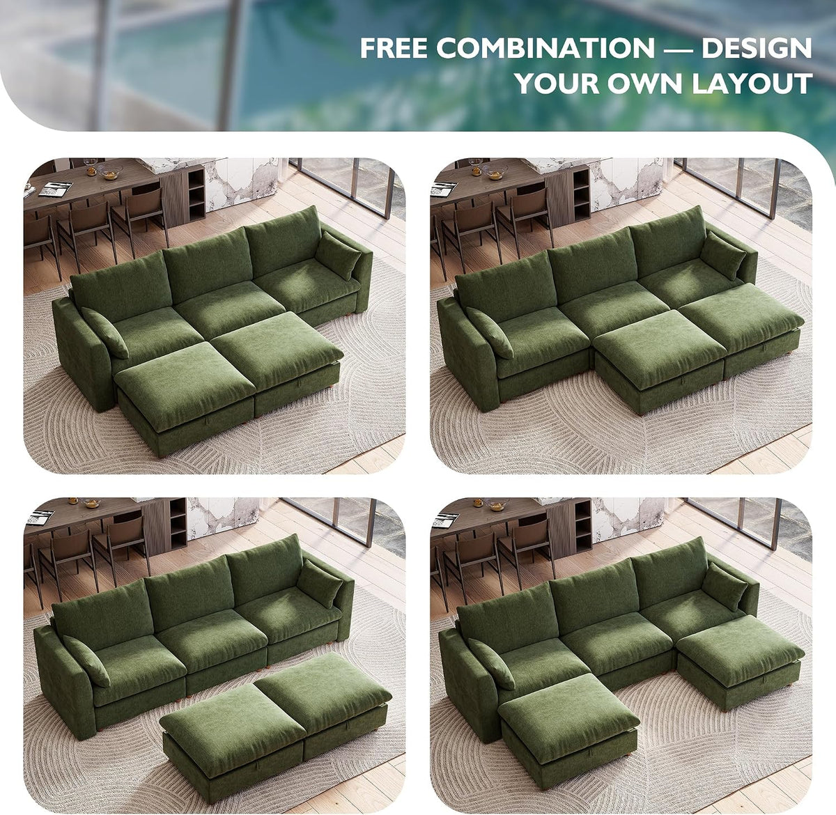 Ihanherry 117" Oversized Modular Sectional Sofa, Modern U Shaped Cloud Couch with 2 Storage Ottoman, 5-Seat Comfy Chenille Deep Seat Sofa with 2 Pillows for Living Room, Green