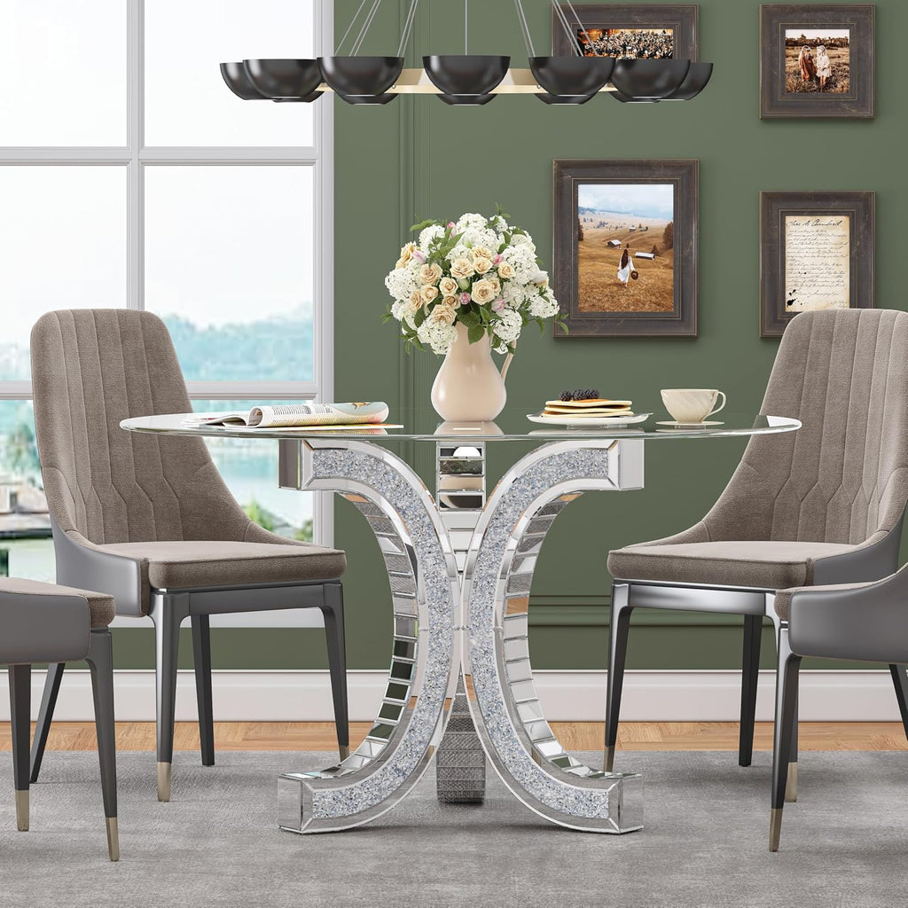 52" Round Glass Pedestal Dining Table with Tempered Glass Top, Mirrored Base with Crushed Diamonds, Modern Centerpiece