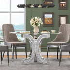 52" Round Glass Pedestal Dining Table with Tempered Glass Top, Mirrored Base with Crushed Diamonds, Modern Centerpiece