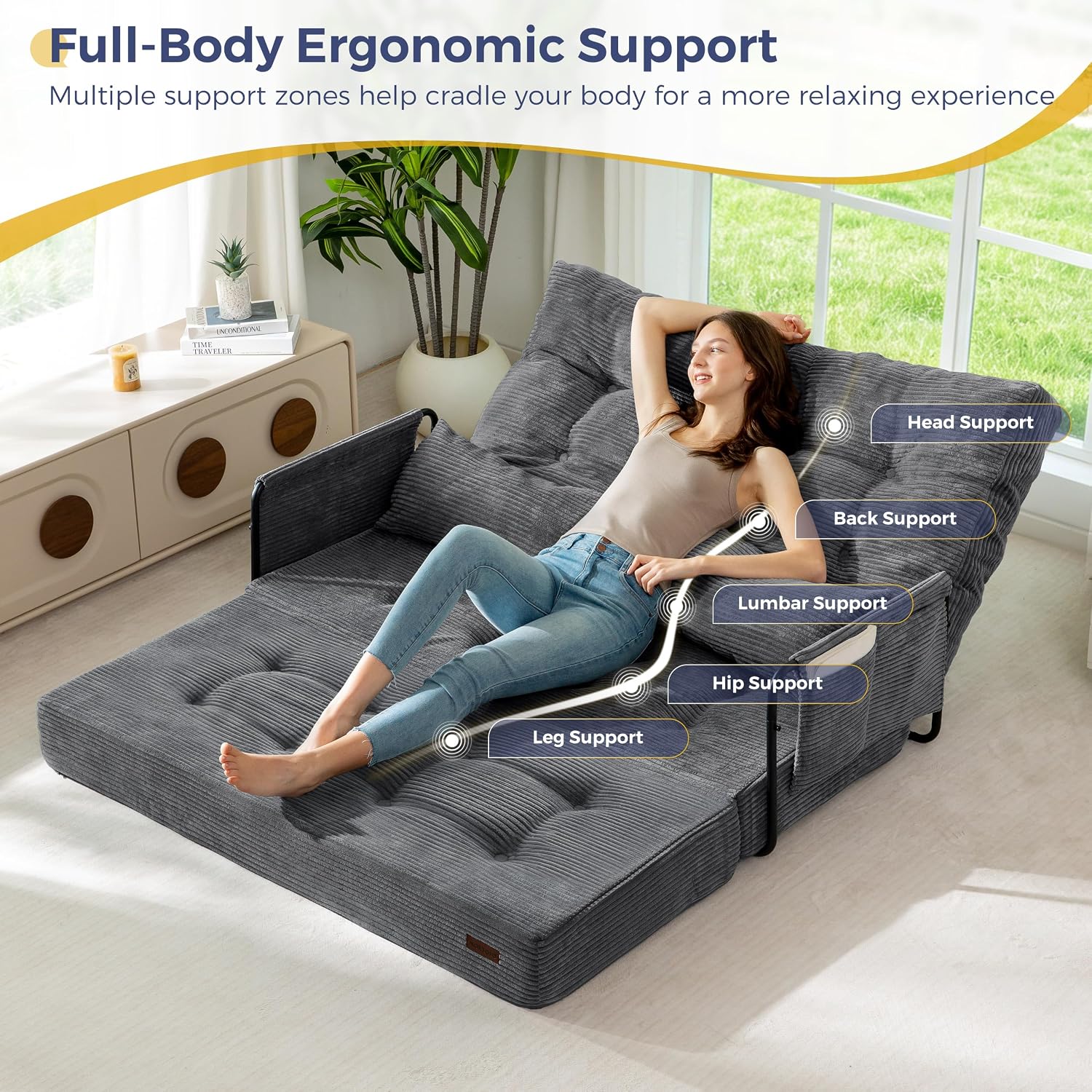 MAXYOYO Adjustable Folding Sofa Bed Couch with 2 Pillows, Dark Grey | Multi-Functional Bean Bag Bed, 5-Position Foldable Lazy Floor Sofa Bed with Armrest, Versatile Floor Seating for Reading