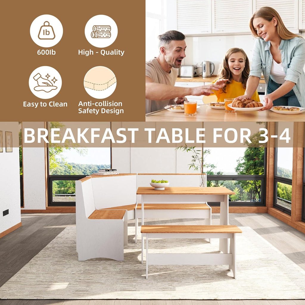 Farmhouse Breakfast Nook Table Set, Dining Nook Set with Corner Bench,with Storage Function Mid Century Modern Small Dining Table Set, Kitchen Table Corner Set (White + Natural)