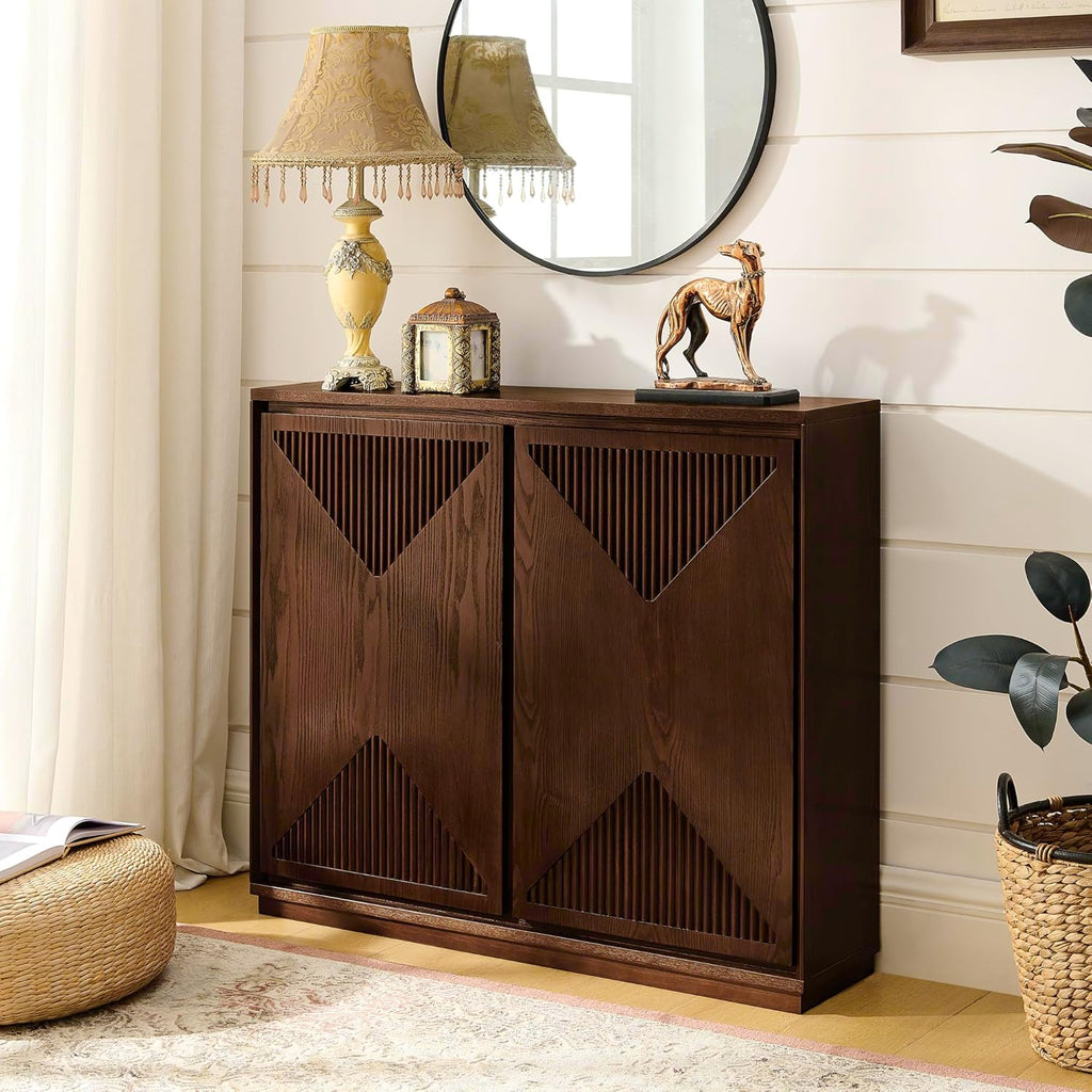 LKTART Narrow Sideboard Buffet Storage Cabinet with Solid Wood Doors,Mid Century Modern Accent Credenza Cabinet,Media Console Table for Kitchen, Living Room, Entryway-Dark Walnut