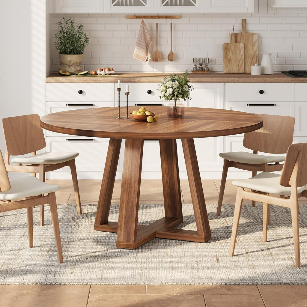 Garvee 47" Round Dining Table, Walnut Brown | For 4-6 People, Modern Circle Design, Wooden Cross Pedestal Base, For Living Room, Kitchen