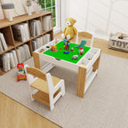GDFStudio Kids 2-in-1 Activity Table & 2 Chairs Set LEGO-Compatible Play Table with Whiteboard Top, Storage Compartments & Canvas Drawer Chairs, Wooden Learning Desk Furniture for Playroom, White