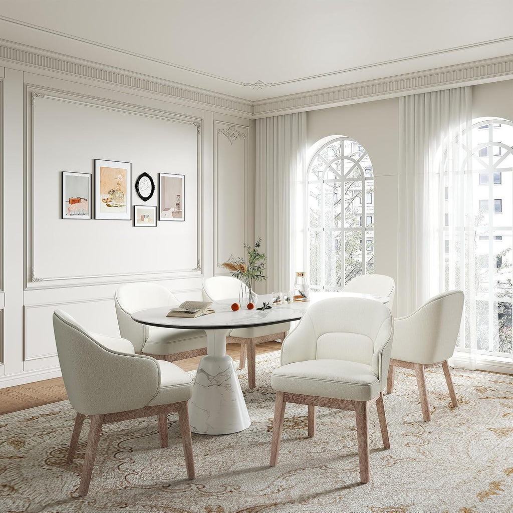 MALOL Dining Chairs Set of 6 with Lumbar Support,Fabric Upholstered Kitchen Chairs with Wooden Legs,Beige