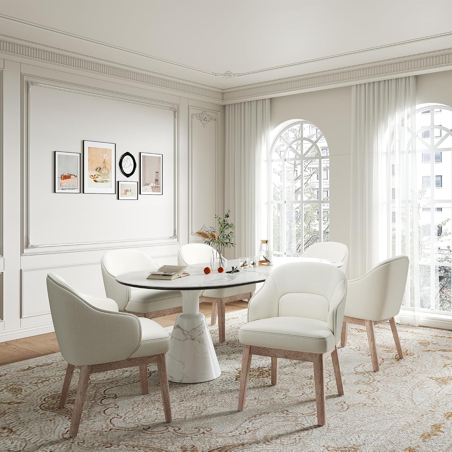 MALOL Dining Chairs Set of 6 with Lumbar Support,Fabric Upholstered Kitchen Chairs with Wooden Legs,Beige