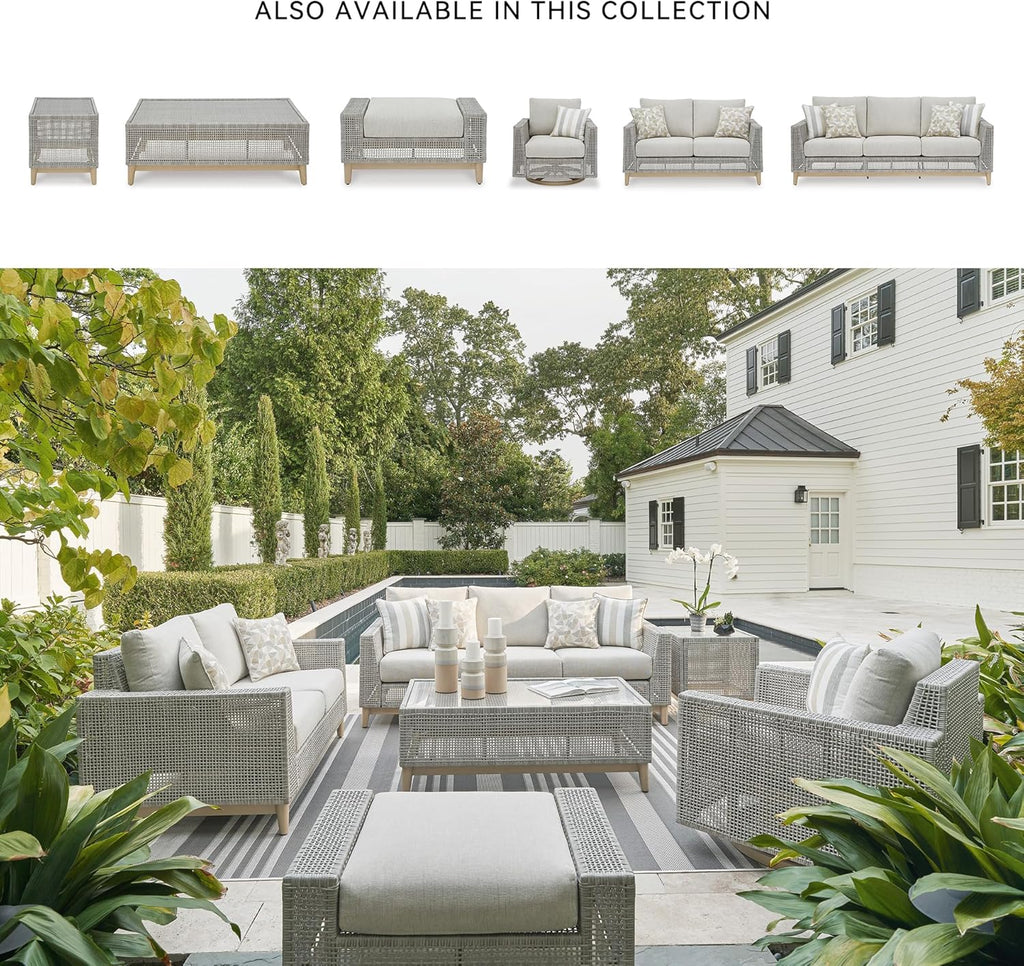 Signature Design by Ashley Seton Creek Casual Nuvella Weather Resistant Fabric Outdoor Ottoman with Cushion, Light Gray & Light Brown