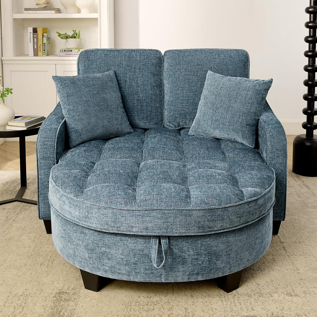 Oversized Curved Chaise Lounge Chair Indoor with Ottoman, 54.8" Cloud Reading Chair Soft Chenille Circle Couch w/Adjustable Backrest for Living Room, Apartroom, Bedroom, Blue