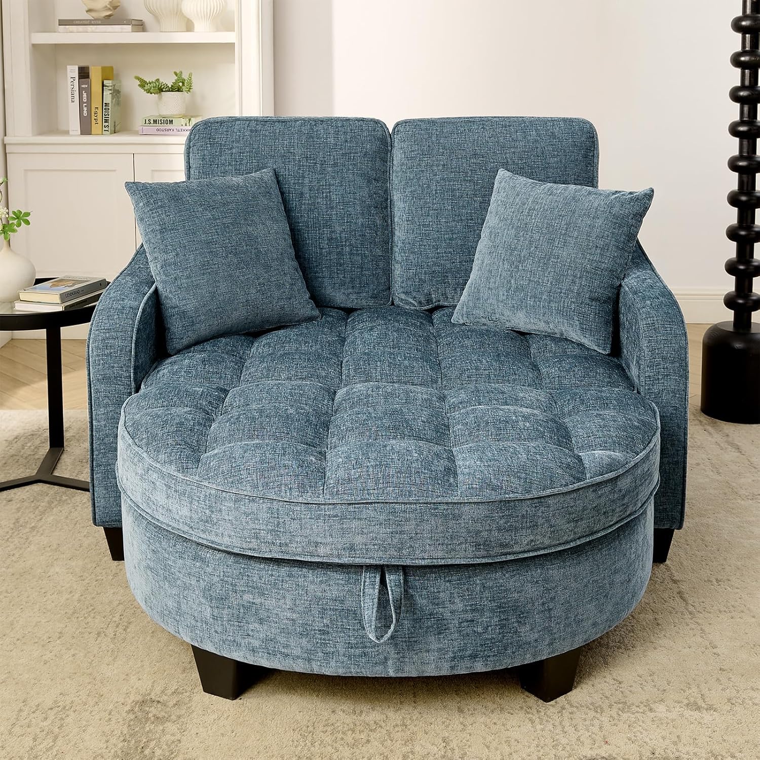 Oversized Curved Chaise Lounge Chair Indoor with Ottoman, 54.8" Cloud Reading Chair Soft Chenille Circle Couch w/Adjustable Backrest for Living Room, Apartroom, Bedroom, Blue