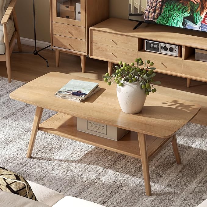 100% Solid Wood Coffee Table for Living Room, 47.24" Mid Century Modern Tables with Shelf Storage, 2-Tier Coffee Table with Rounded Corners (Oak Wood Log Color, 47.24" L)