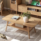 100% Solid Wood Coffee Table for Living Room, 47.24" Mid Century Modern Tables with Shelf Storage, 2-Tier Coffee Table with Rounded Corners (Oak Wood Log Color, 47.24" L)