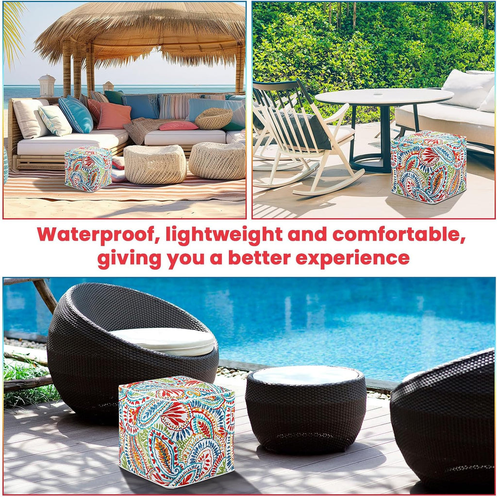 Juexica 2 Pack Inflatable Outdoor Ottoman Pouf Waterproof Cube 16" Square Blow up Ottoman Footrest with Handle Outdoor Portable Footstool for Patio Garden Camping or Home Pool(Retro,Red)