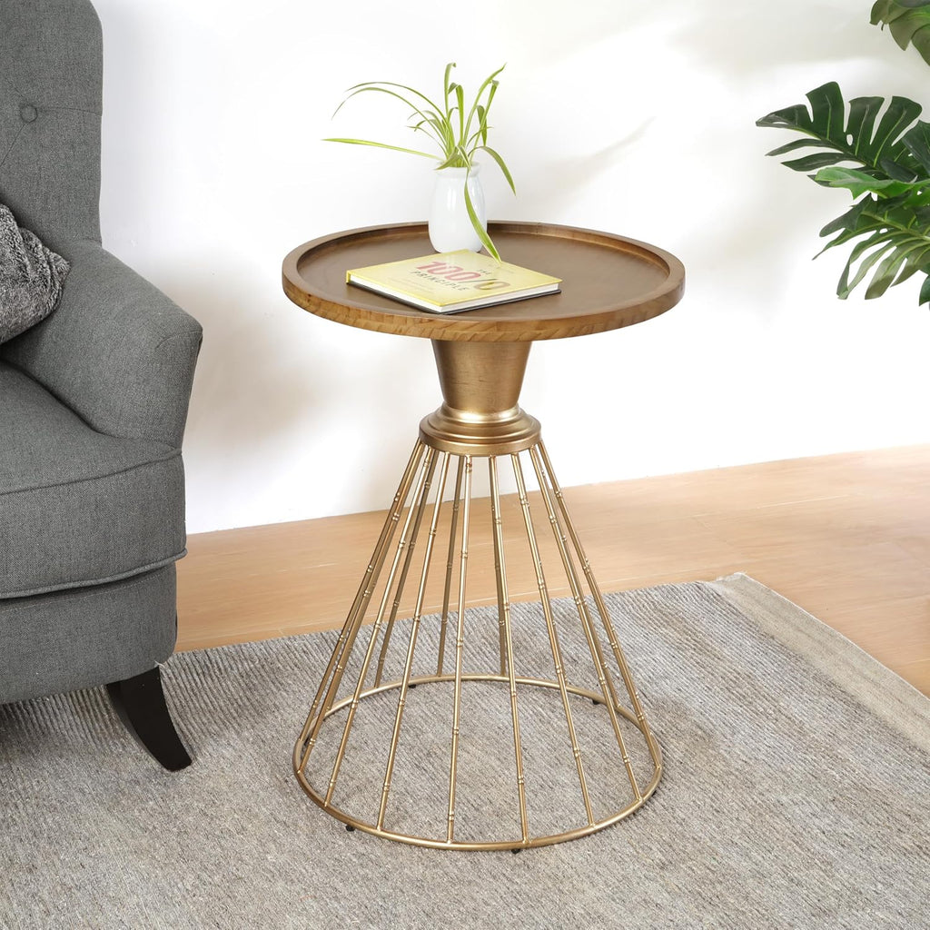 Vintage-Inspired Pine Side Table with Cut-Out Edge, Antique Gold & Natural Finish - Ready to Use