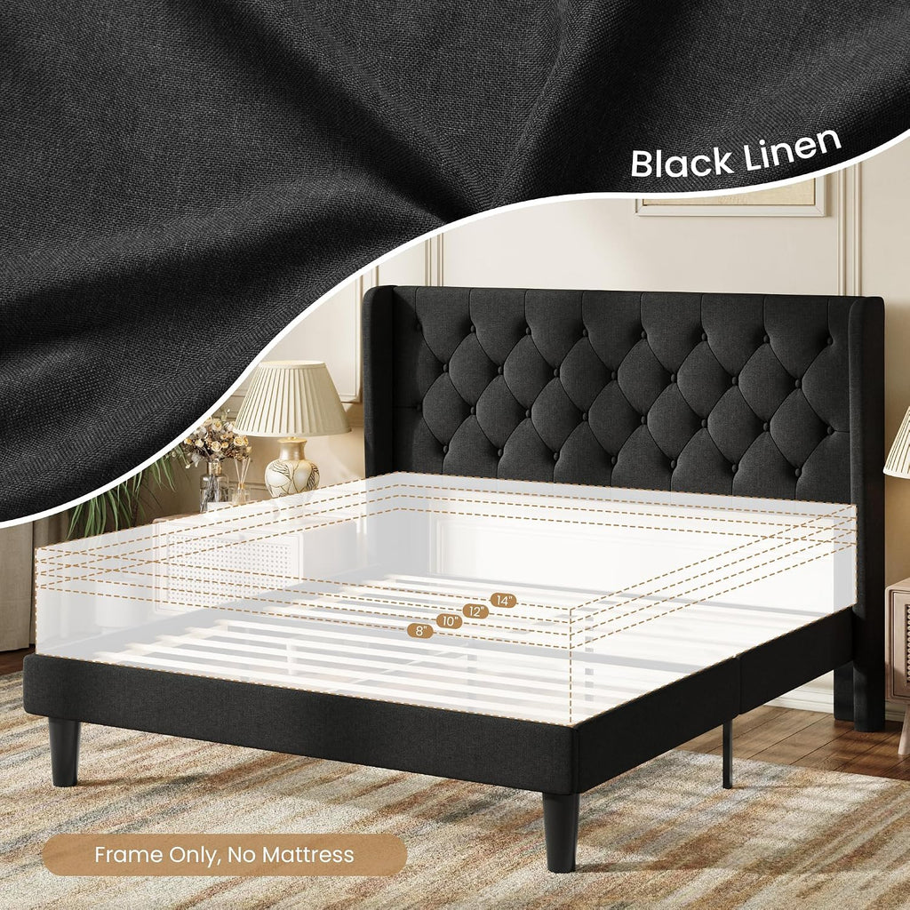 SHA CERLIN Queen Upholstered Bed Frame, Button Tufted Design, Black