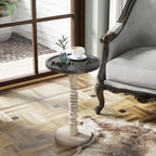 Pedestal Small Drinking Table, Farmhouse Tray Top End Table, Black Top, Distressed Finish, Aging White Frame