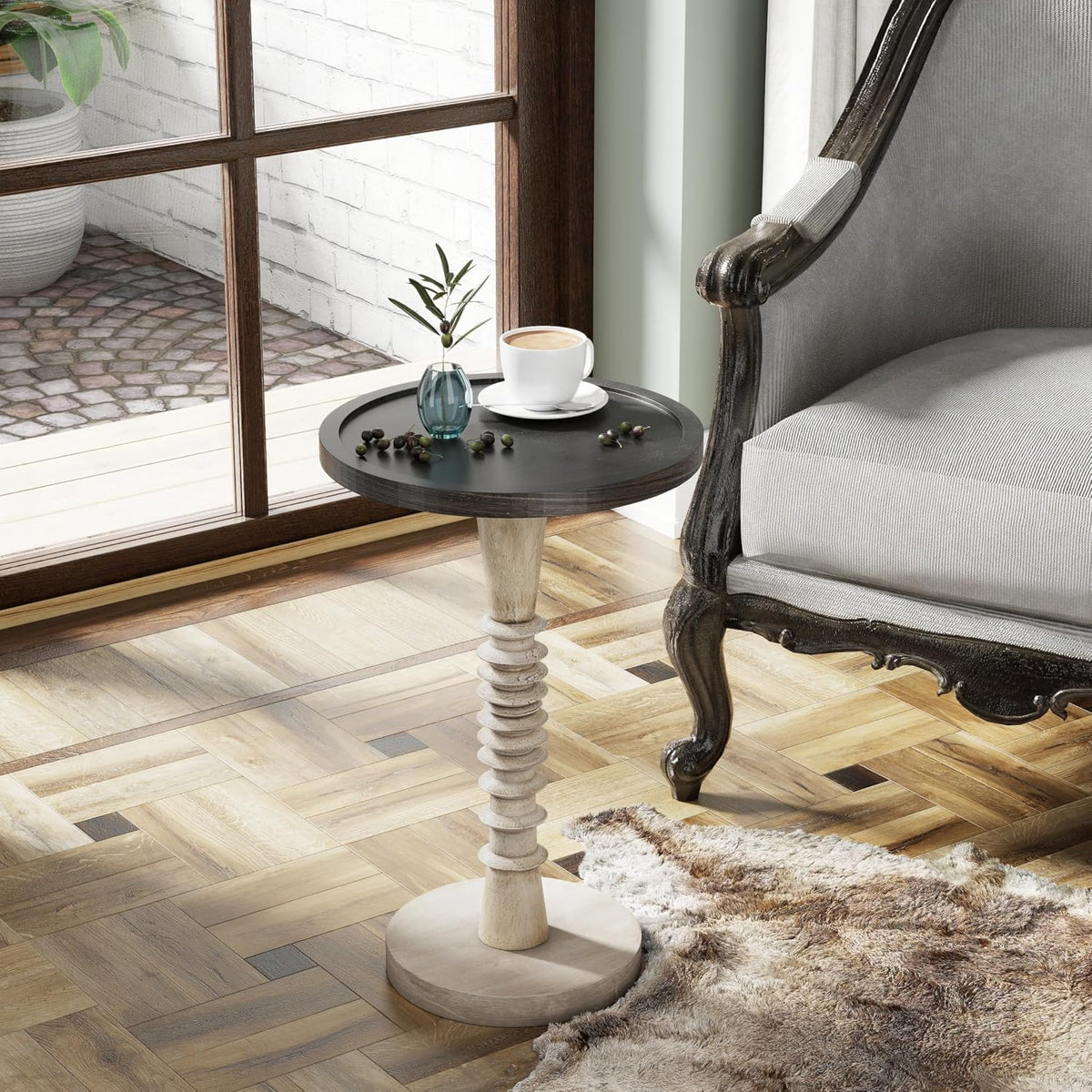 Pedestal Small Drinking Table, Farmhouse Tray Top End Table, Black Top, Distressed Finish, Aging White Frame