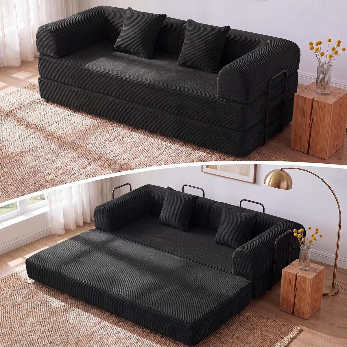 79" Convertible Futon Sofa Bed, Couch for Living Room | Corduroy Loveseat Sleeper Sofa, Modular Futon Couch with Fixed-Shape Frame, Pull Out Couch No Assembly | Black
