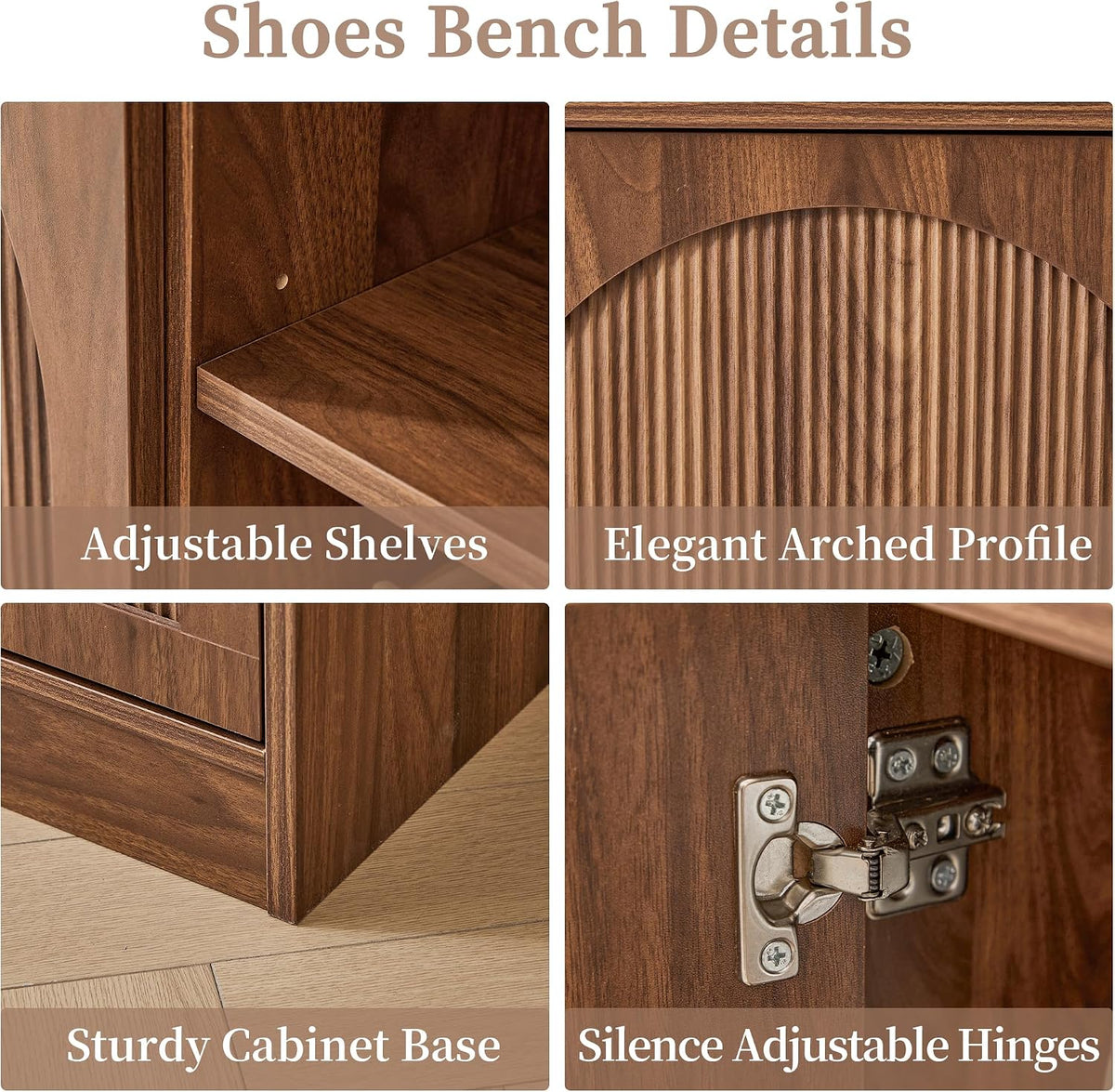 BERRYMERRY 39.4" Fluted Shoe Storage Bench for Entryway,2 Tier Shoe Cabinet Bench with Adjustable Shelf,Bench for Bedroom End of Bed (Walnut, 13.8”D x 39.4”W x 18.5”H)