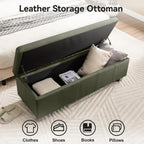 WUTUTUEE 41" Faux Leather Storage Ottoman, Stitch Tufted Rectangle Upholstered End of Bed Storage Bench, Entryway Large Couch Ottoman with Wooden Legs,Green