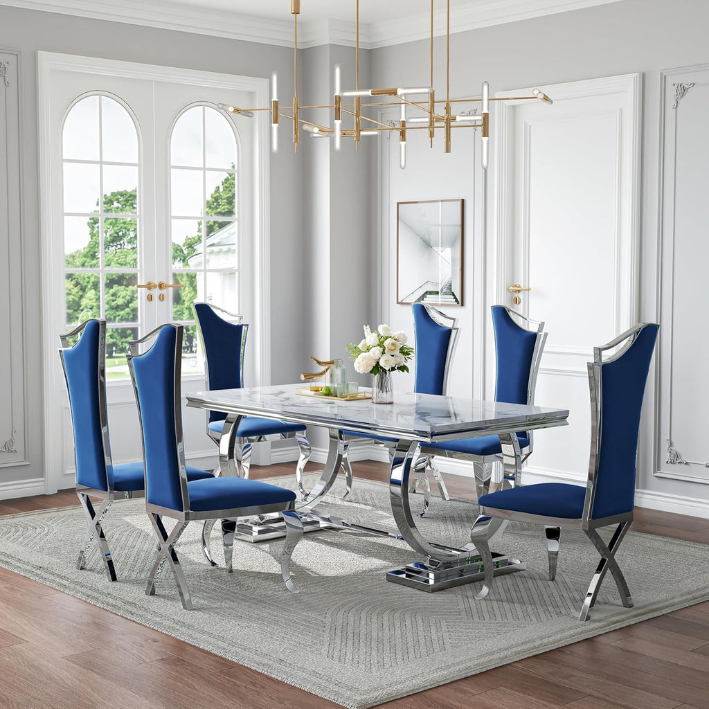 70 in Faux Marble Dining Table Set for 6, Large Kitchen Table and Blue Velvet Chairs, White Silver Modern Dinner Tables with Mirrored Stainless Steel Base, Luxury 7 Piece Dining Set