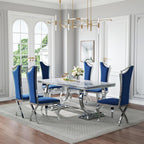 70 in Faux Marble Dining Table Set for 6, Large Kitchen Table and Blue Velvet Chairs, White Silver Modern Dinner Tables with Mirrored Stainless Steel Base, Luxury 7 Piece Dining Set