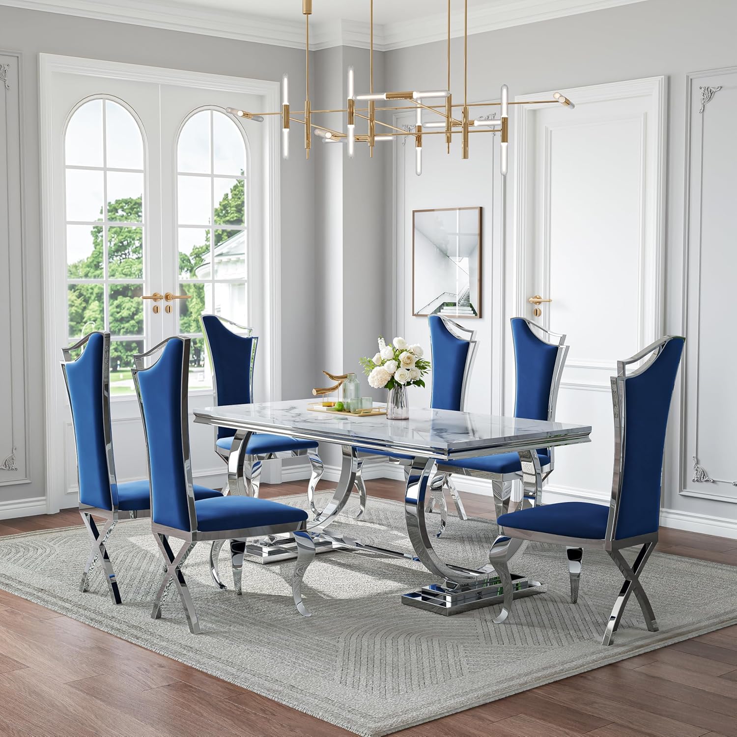 70 in Faux Marble Dining Table Set for 6, Large Kitchen Table and Blue Velvet Chairs, White Silver Modern Dinner Tables with Mirrored Stainless Steel Base, Luxury 7 Piece Dining Set