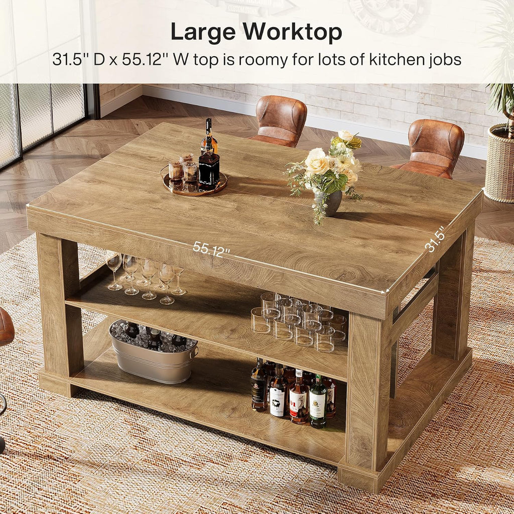 Tribesigns 55" Kitchen Island with Seating and Storage, 3-Tier, Farmhouse | Wood Stationary Island Table with Large Worktop & Legroom, Sturdy Coffee Bar Table with Storage Shelf for Kitchen, Brown