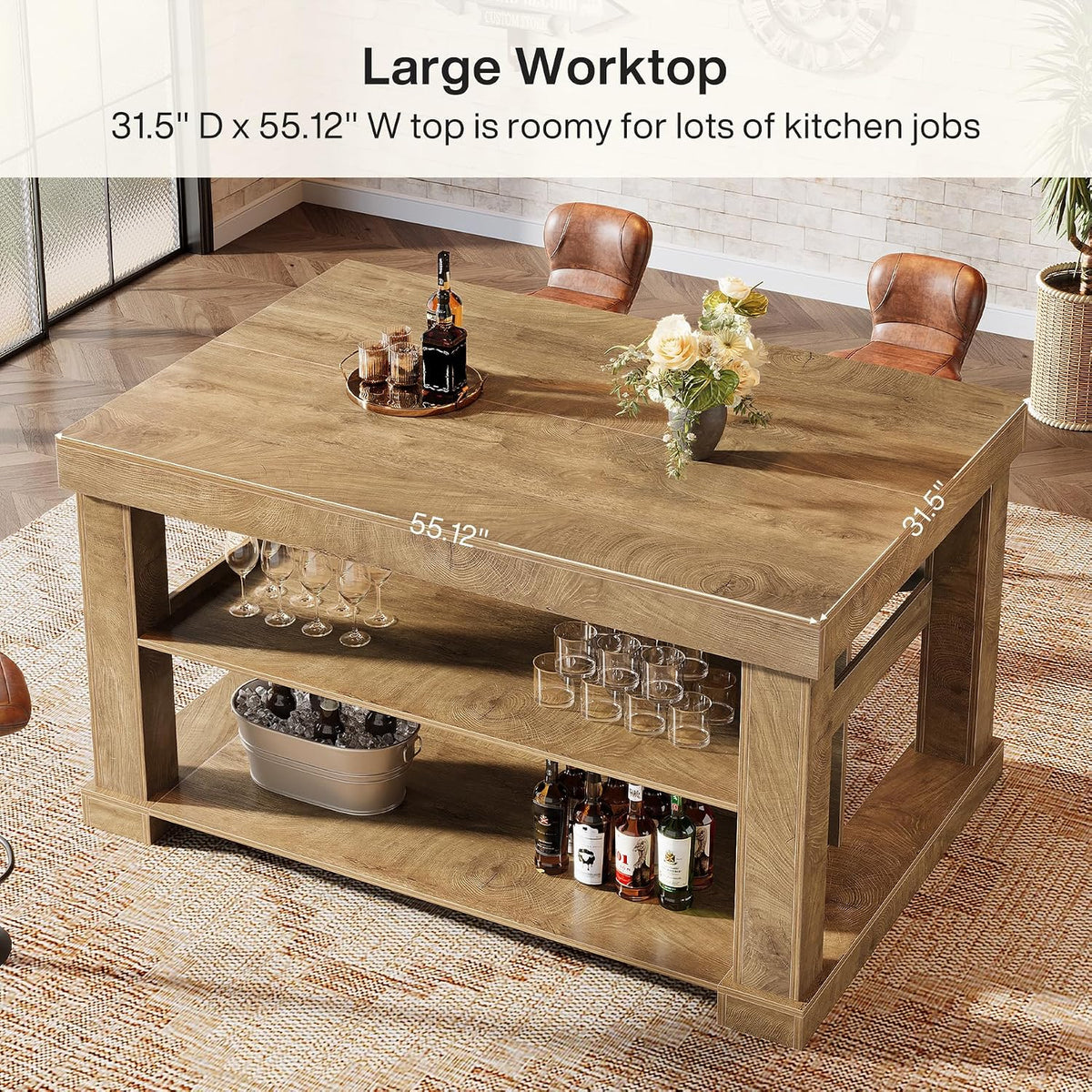 Tribesigns 55" Kitchen Island with Seating and Storage, 3-Tier, Farmhouse | Wood Stationary Island Table with Large Worktop & Legroom, Sturdy Coffee Bar Table with Storage Shelf for Kitchen, Brown