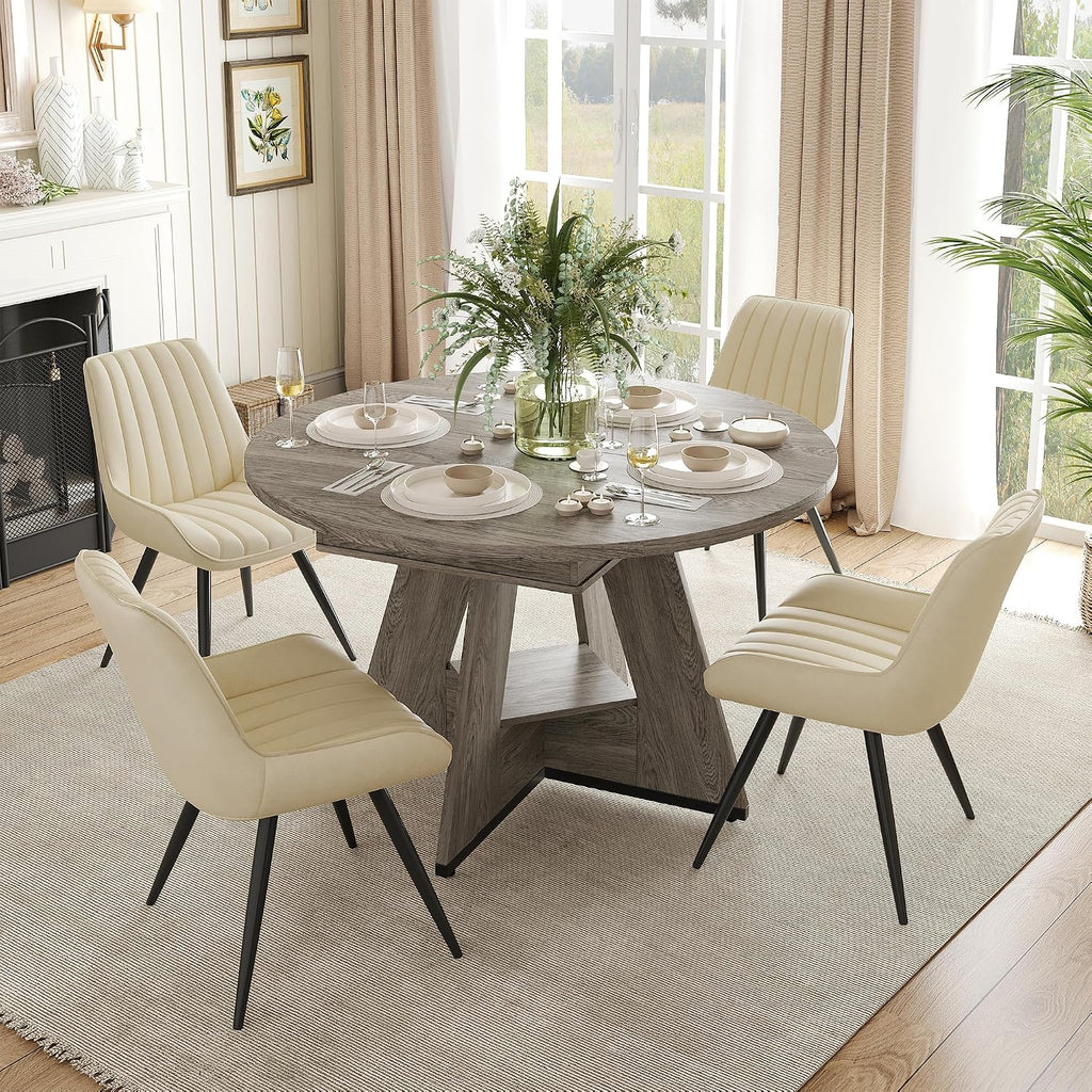 Miereirl Extendable Dining Table Set for 4-6, 47.24"-63" Round to Oval Dining Table Set with Upholstered Chairs, Hidden Storage Shelf, Kitchen & Dining Room Furniture for Apartment