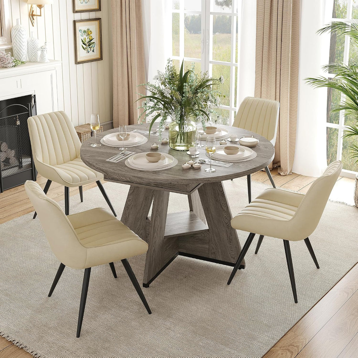 Miereirl Extendable Dining Table Set for 4-6, 47.24"-63" Round to Oval Dining Table Set with Upholstered Chairs, Hidden Storage Shelf, Kitchen & Dining Room Furniture for Apartment