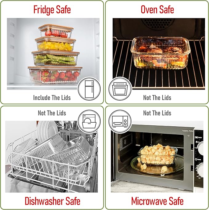 Set of 4 Stackable Space-Saving Nesting Glass Bowls with Airtight Acacia Lids for Lunch, Meal & Food Prep - Microwave & Oven-ready BPA Free Durable Heat Resistant Inert Borosilicate Glass