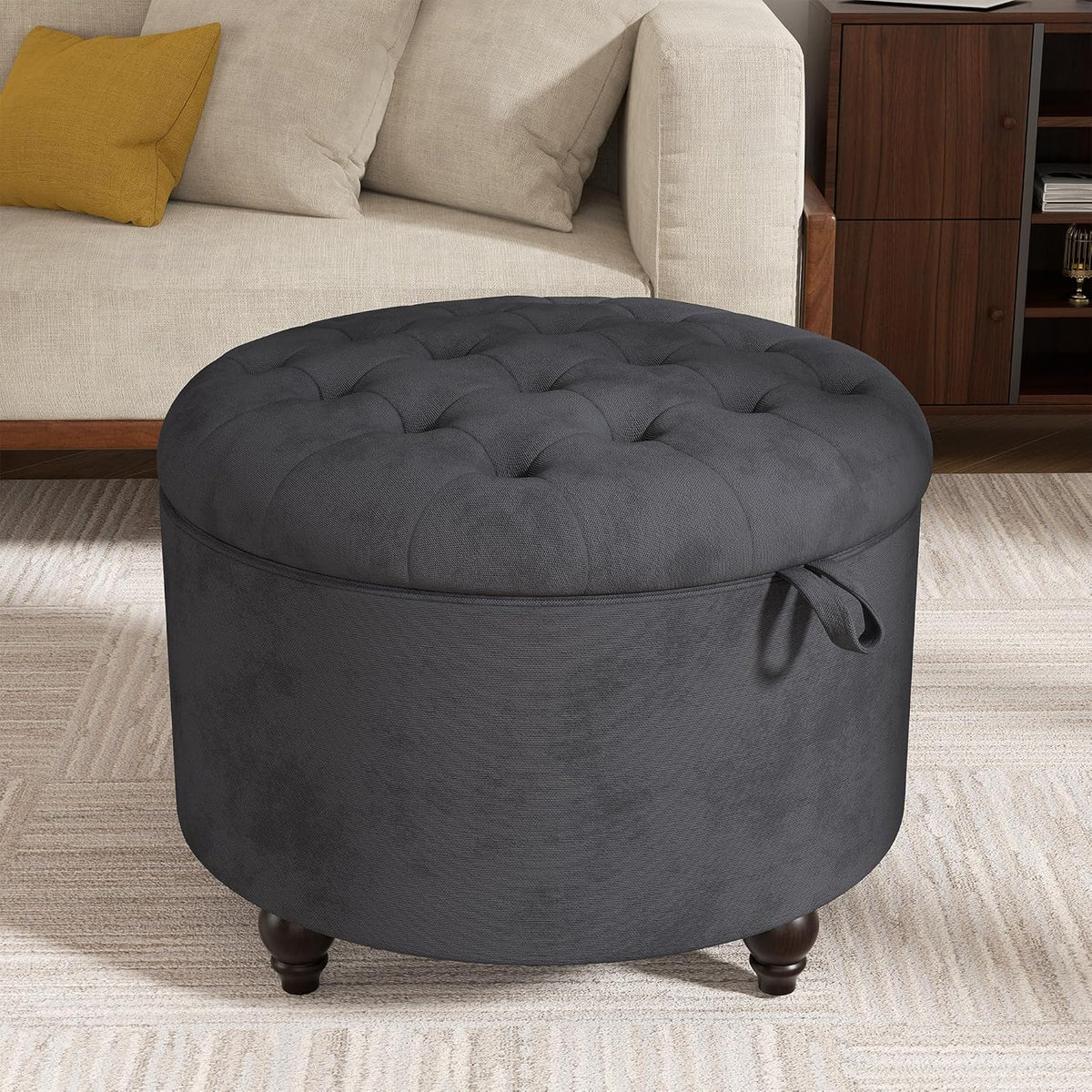 24 Inch Round Storage Ottoman,Modern Tufted Ottomans,Circular Coffee Table with Removable Top,Upholstered Large Ottoman with Storage Footrest Stool for Bedroom Living Room (Darkgrey)