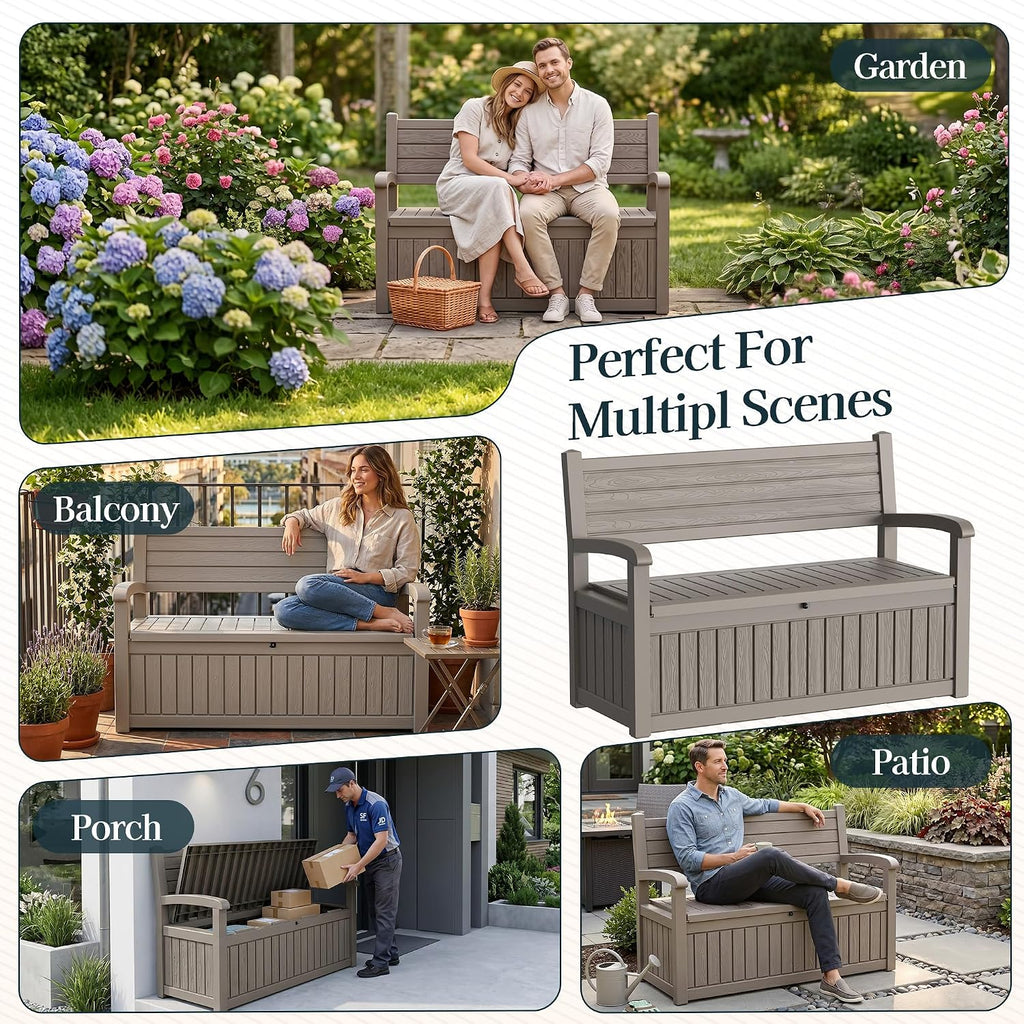 Outdoor Bench with Storage, Waterproof Garden Storage Bench, 100 Gallon Lockable Resin Deck Box, Weatherproof Bench Seating for Patio Yard Cushions Tools, Grey