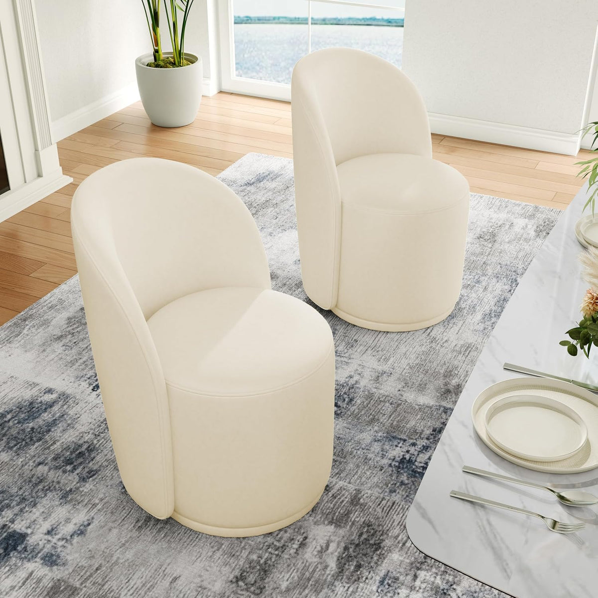 Swivel Barrel Dining Chairs, Upholstered Modern Accent Chair for Living Room, Bedroom, Makeup Vanity, Dining Room, Kitchen (Swivel Leather Cream, Set of 6)